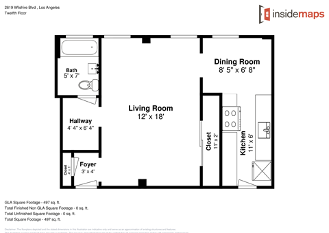 Floor plan for studio, 1 bath, 540 sqft